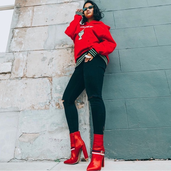 Red Faux Leather Ankle Booties with Grosgrain Buckle Trim - Picture 3 of 9
